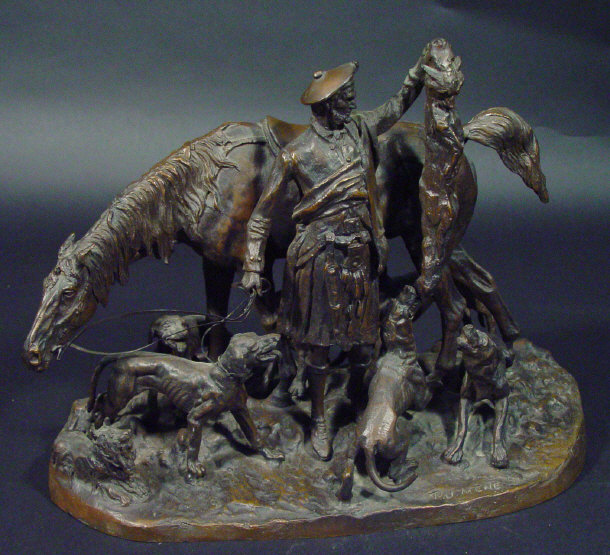 Appraisal: Bronzed figure group of a hunter horse and hound signed