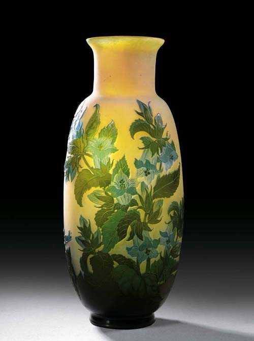 Appraisal: VASE Gall Yellow glass with double overlay in blue and