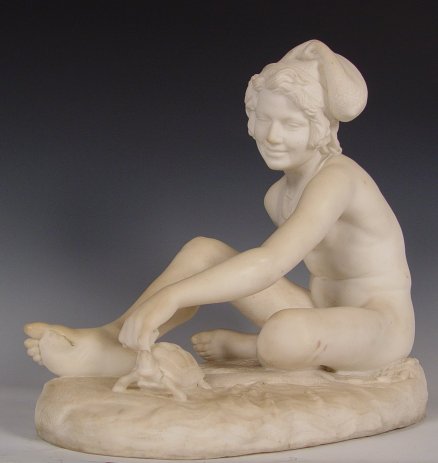 Appraisal: CARRERA MARBLE NUDE FISHERBOY WITH PET TURTLE Exceptional workmanship boy