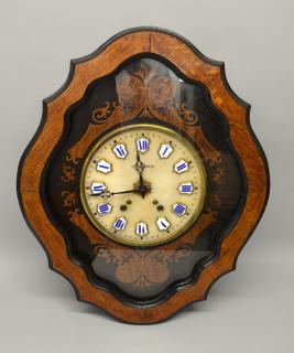 Appraisal: French oak and marquetry inlaid serpentine shaped wall clock white