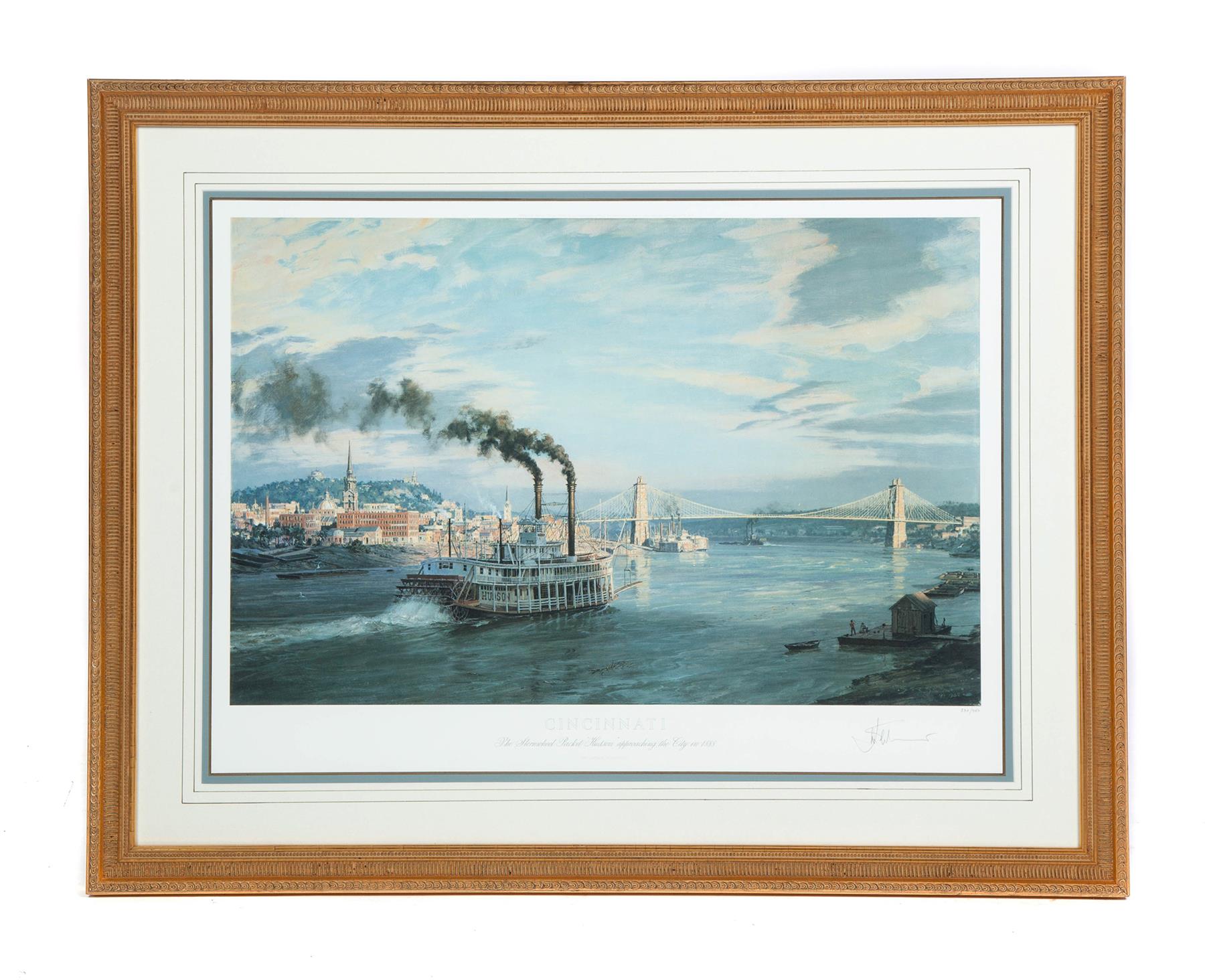 Appraisal: JOHN STOBART PRINT CINCINNATI American dated Depicts the sternwheel packet