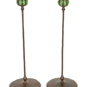 Appraisal: A Pair of Tiffany Studios Candlesticks Circa favrile glass bronze