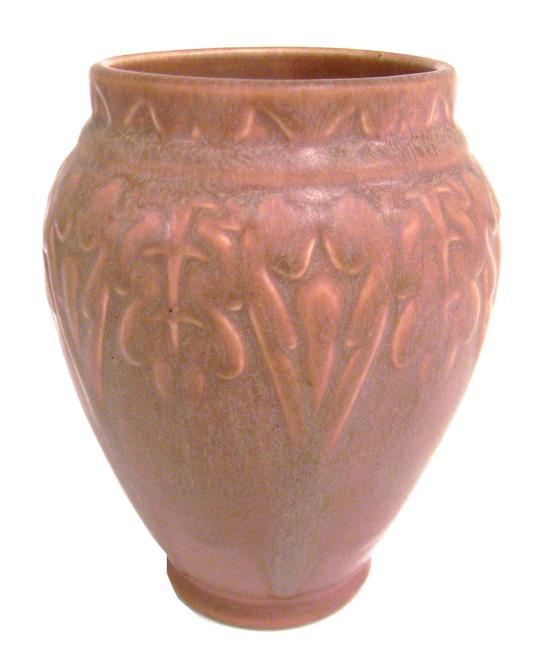 Appraisal: Rookwood pottery vase No circa matte rose glaze with embossed