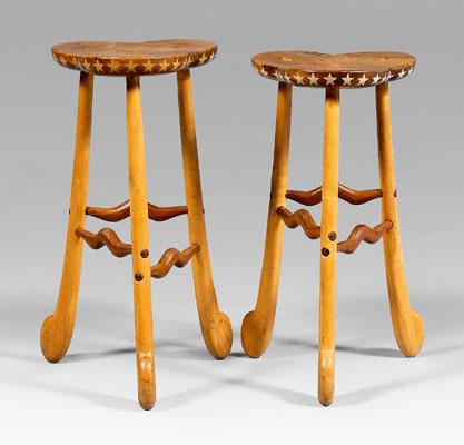 Appraisal: Pair inlaid walnut kitchen stools each with figured walnut top