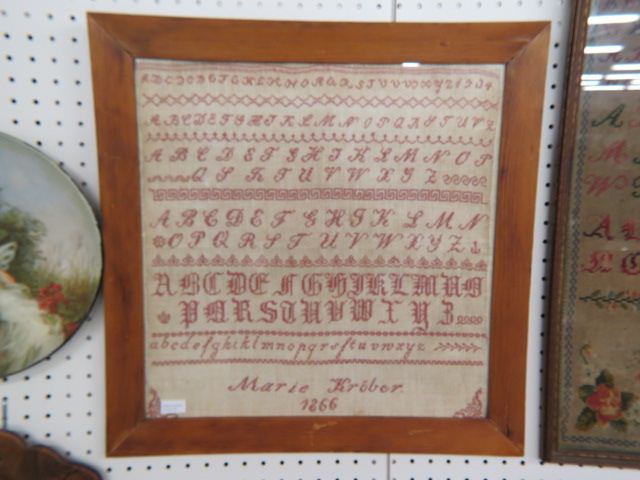 Appraisal: Sampler Alphabetic Style red letter design by Marie Krober approx