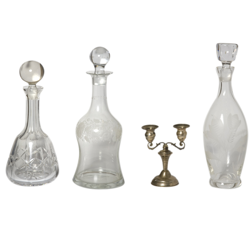 Appraisal: Three Glass Decanters Together with an Quality Silver Candelabrum Candelabrum