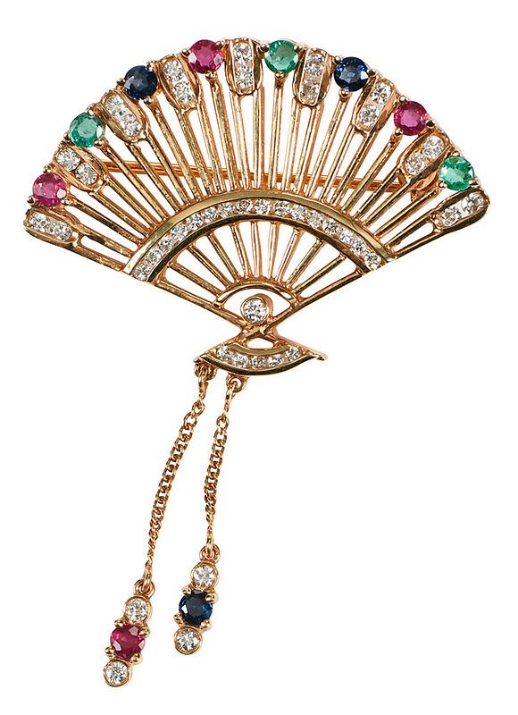 Appraisal: kt Gemstone Fan Brooch round faceted rubies sapphires and emeralds