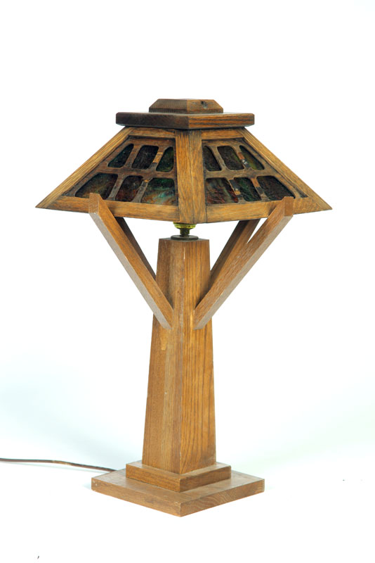 Appraisal: TABLE LAMP American th century oak Later base with four