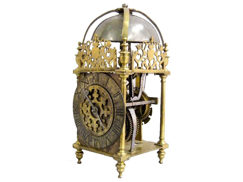 Appraisal: Interesting brass lantern clock the movement converted from balance wheel