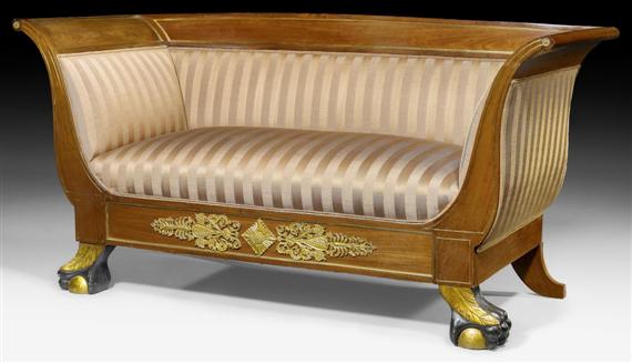 Appraisal: SMALL CANAPE AUX PATTES DE LIONS Empire Paris circa Mahogany