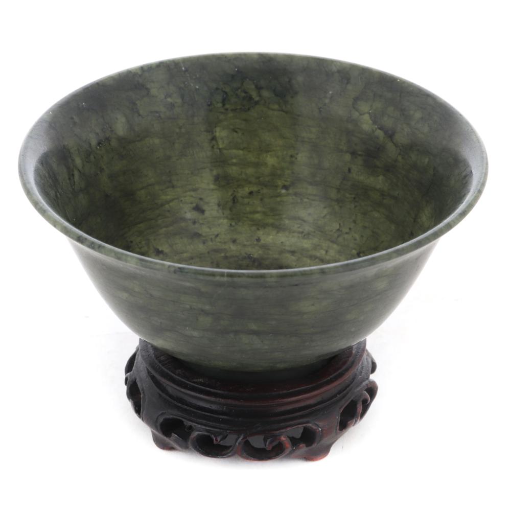 Appraisal: CHINESE CARVED SPINACH JADE BOWL ON STAND H X DIAM