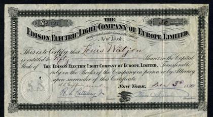 Appraisal: piece Stock Certificate Signed Edison Thomas A New York December