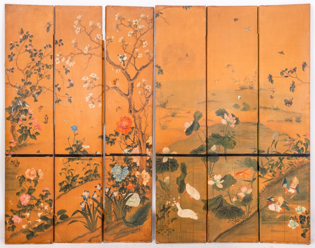 Appraisal: CHINESE PAPIER PEINT SIX-PANEL SCREEN Chinese hand-painted wallpaper six-panel screen