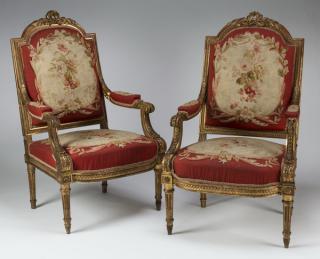 Appraisal: th c giltwood fauteuils w Aubusson upholstery Pair of th