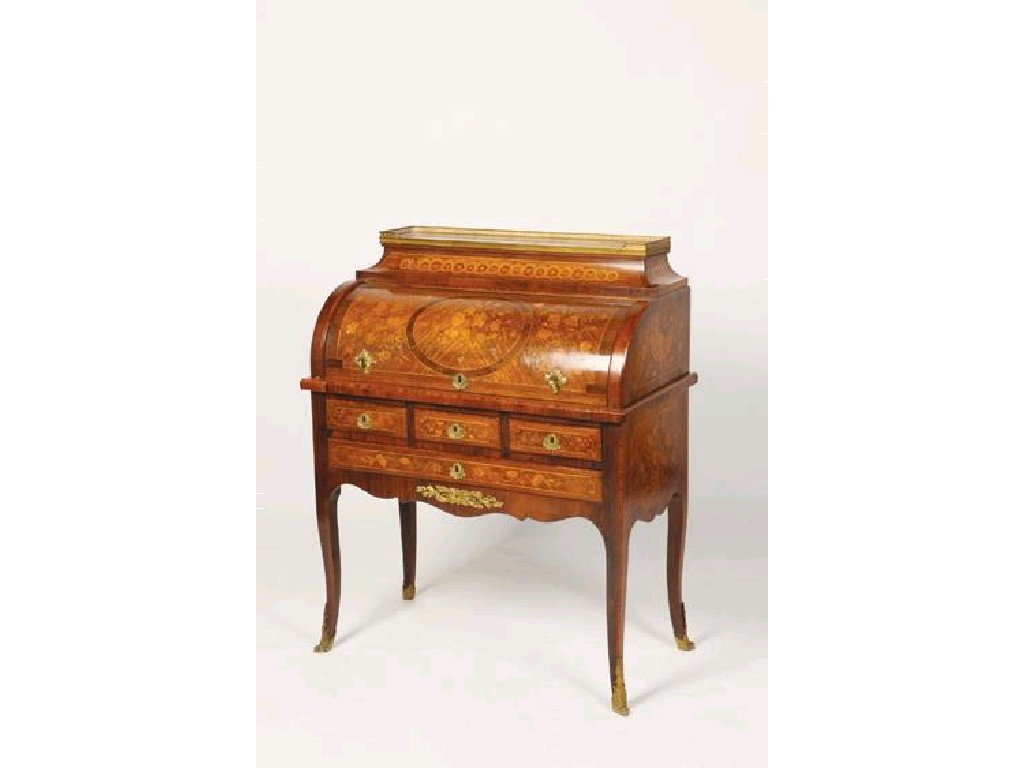 Appraisal: A LOUIS XVI STYLE KINGWOOD AND MARQUETRY BUREAU A CYLINDRE