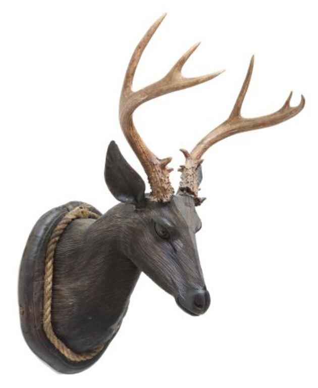 Appraisal: Black Forest deer head trophy mount with natural antlers carved