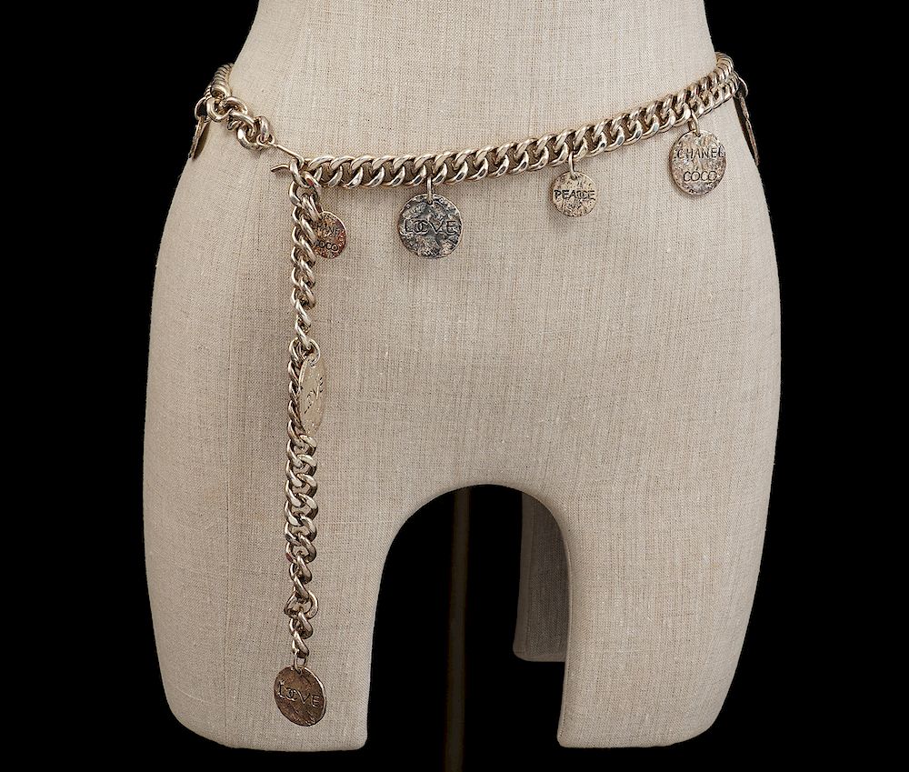 Appraisal: Chanel Silver Peace Love Coin Belt Necklace A stunning Chanel