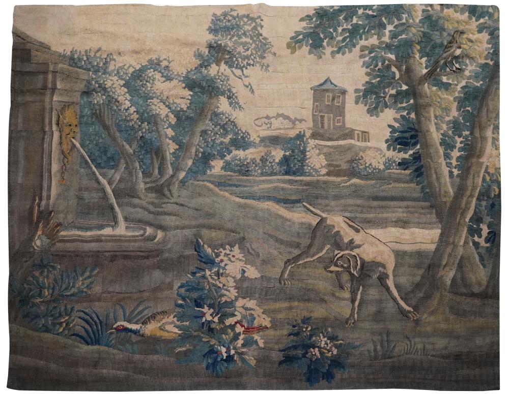 Appraisal: VERDURE TAPESTRY FRAGMENTdepicting a hound in the foreground of a