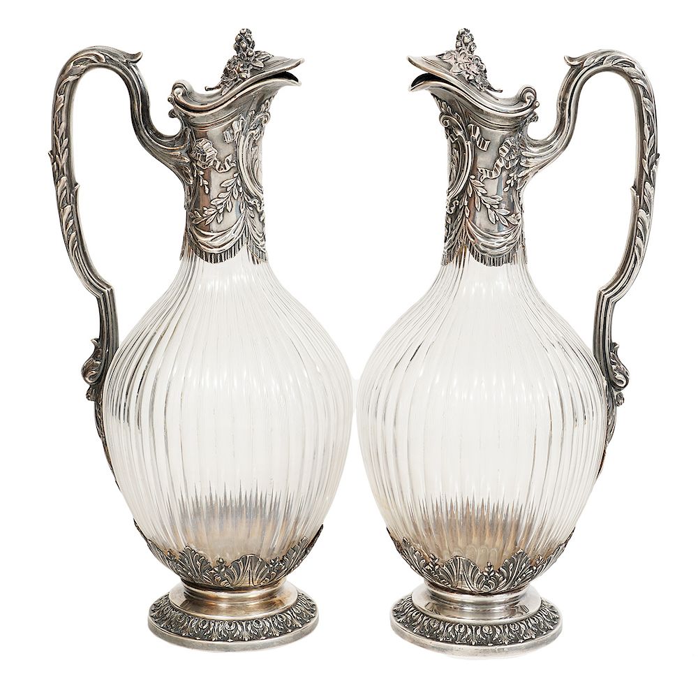 Appraisal: Pair Silver Crystal Hallmarked Decanters Pair of silver mounted crystal