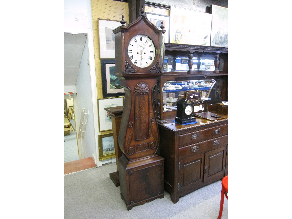 Appraisal: Scottish mahogany lyre longcase clock the arched hood with three