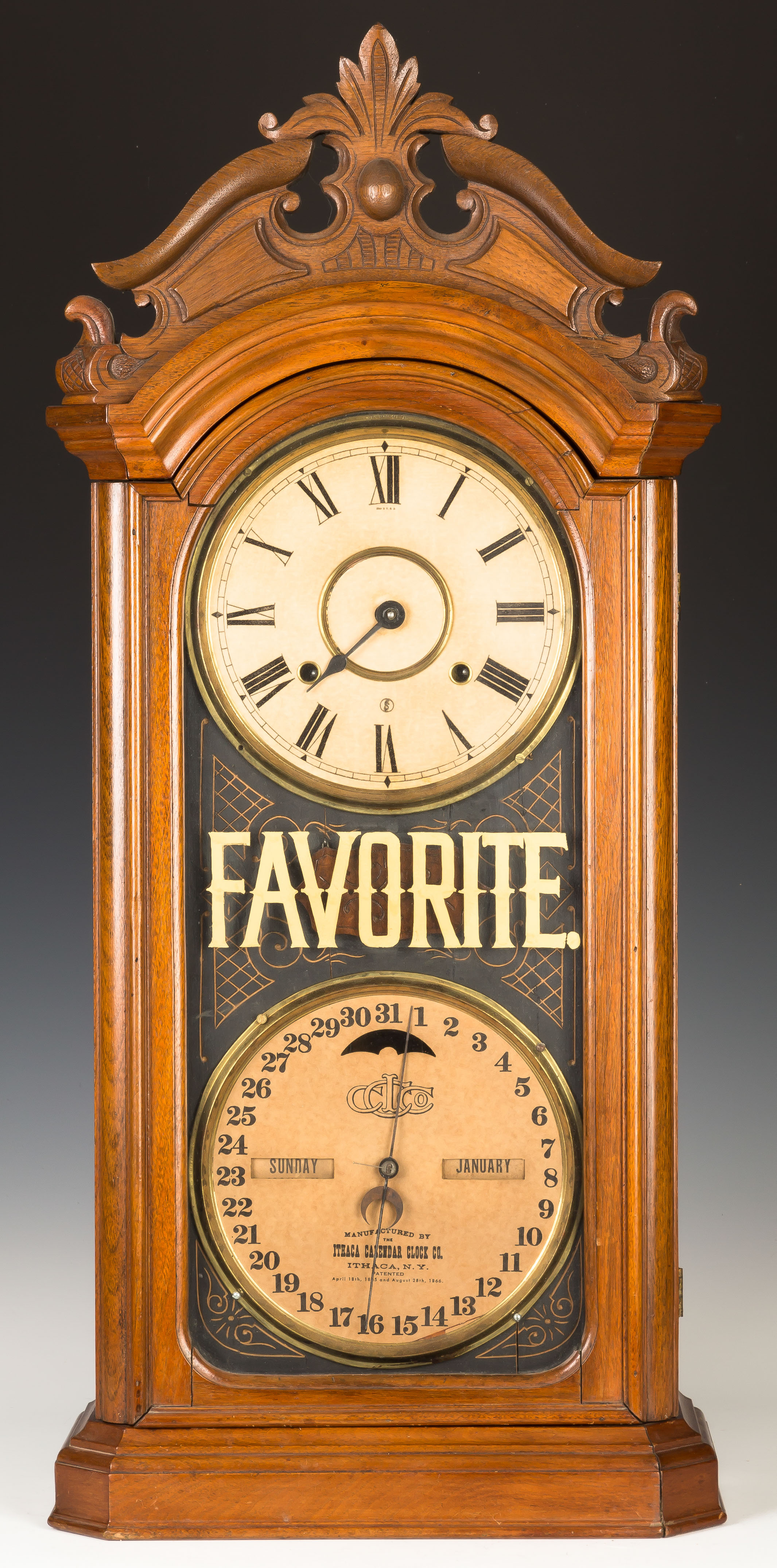 Appraisal: Ithaca Favorite Calendar Shelf Clock Carved walnut case refinished restorations