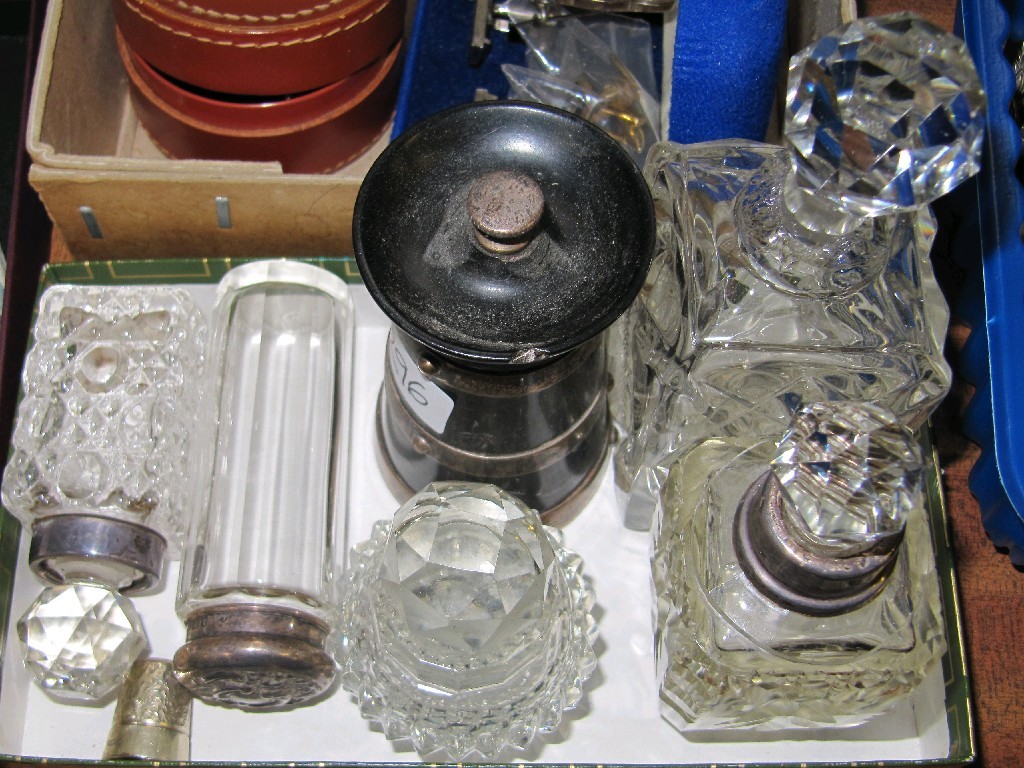 Appraisal: Lot comprising five scent bottles and jars a pepper mill