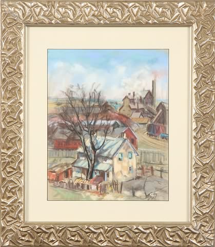 Appraisal: Industrial landscape pastel x sight SLR Artist American th century