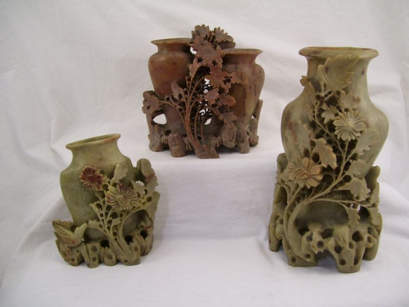 Appraisal: - Carved Soapstone Vases Includes Vase with floral decoration measures