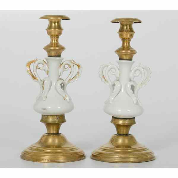 Appraisal: Pair of Brass and Porcelain Candlesticks French th century Brass