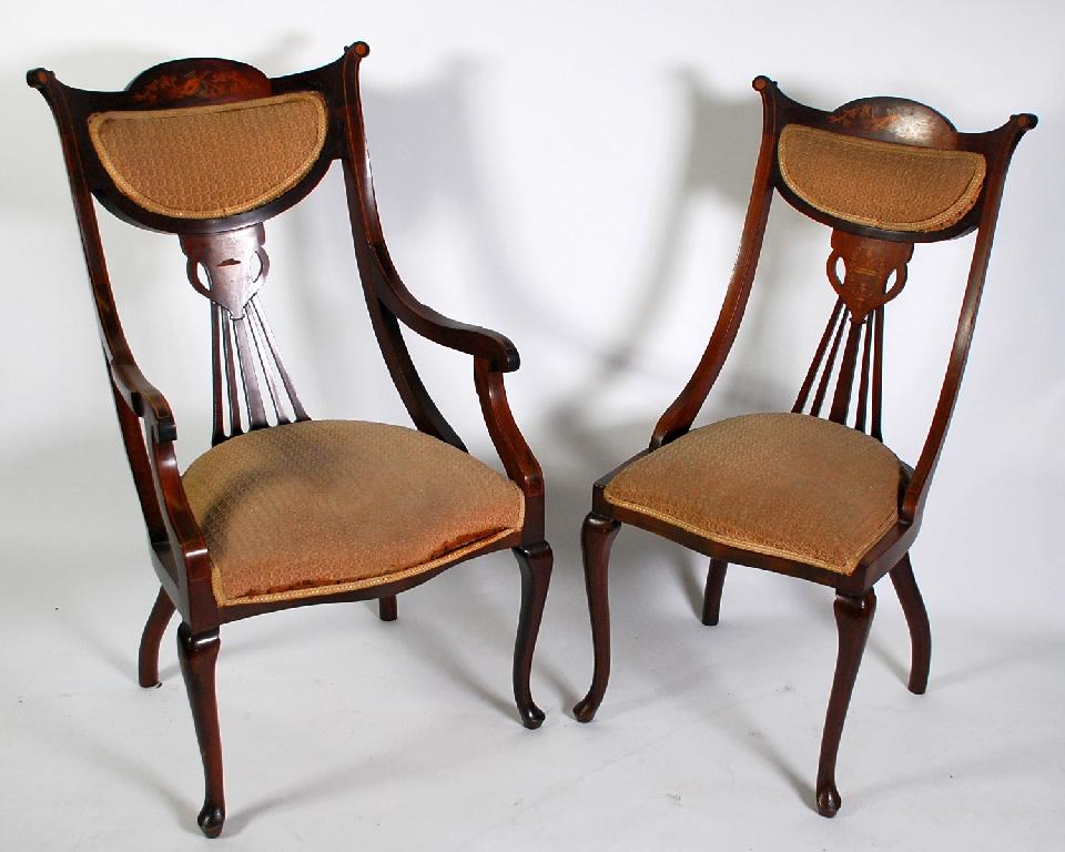 Appraisal: PAIR OF EDWARDIAN INLAID MAHOGANY DRAWING ROOM OPEN ARMCHAIRS the