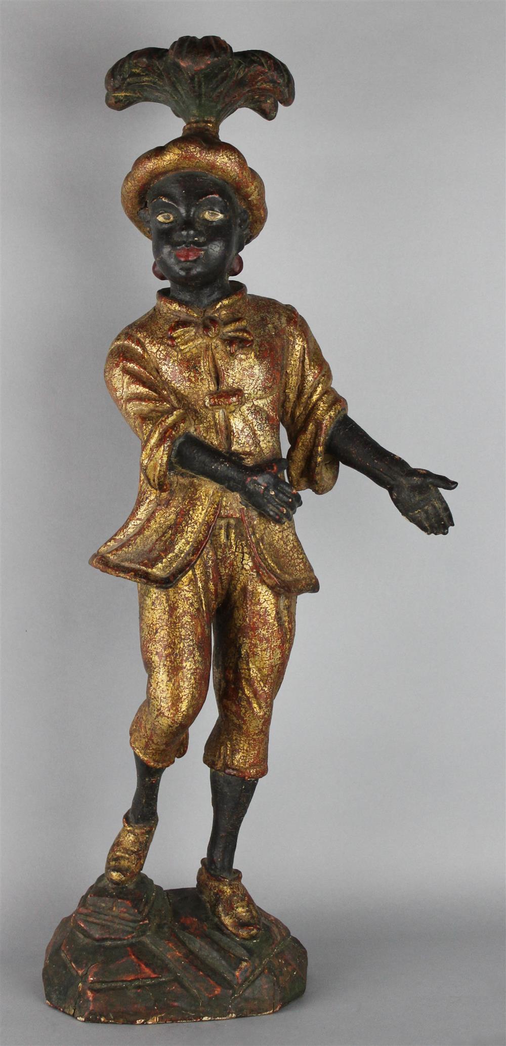 Appraisal: CARVED AND PAINTED BLACKAMOOR in gilt costume and plumed hat