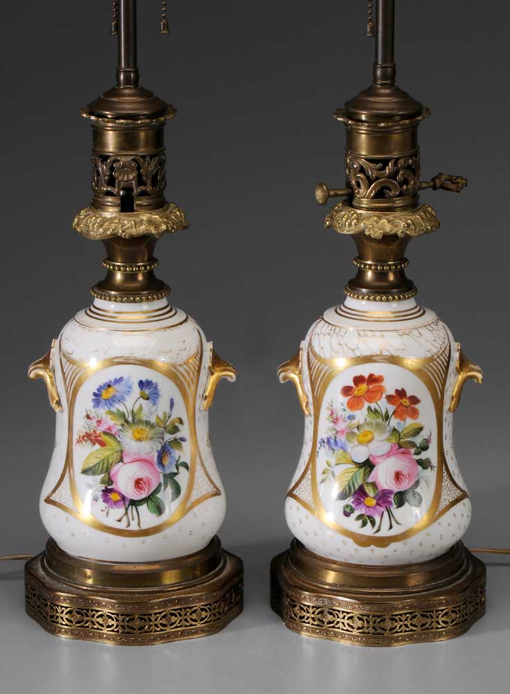 Appraisal: Pair Porcelain Lamp Bases hand-painted floral bouquets with extensive gilt