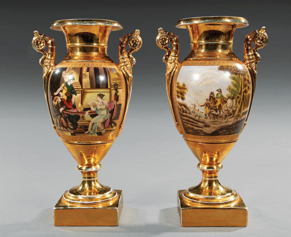 Appraisal: Pair of Continental Gilt and Polychrome Porcelain Amphora Vases marked