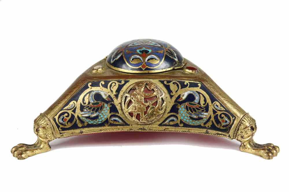 Appraisal: INKWELL - Gothic style triangular form gilded bronze and champleve