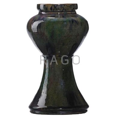 Appraisal: GEORGE OHR Large bulbous vase green raspberry cobalt and yellow