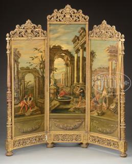 Appraisal: ROCOCO REVIVAL CARVED GILT THREE PANEL DRESSING SCREEN WITH LANDSCAPE