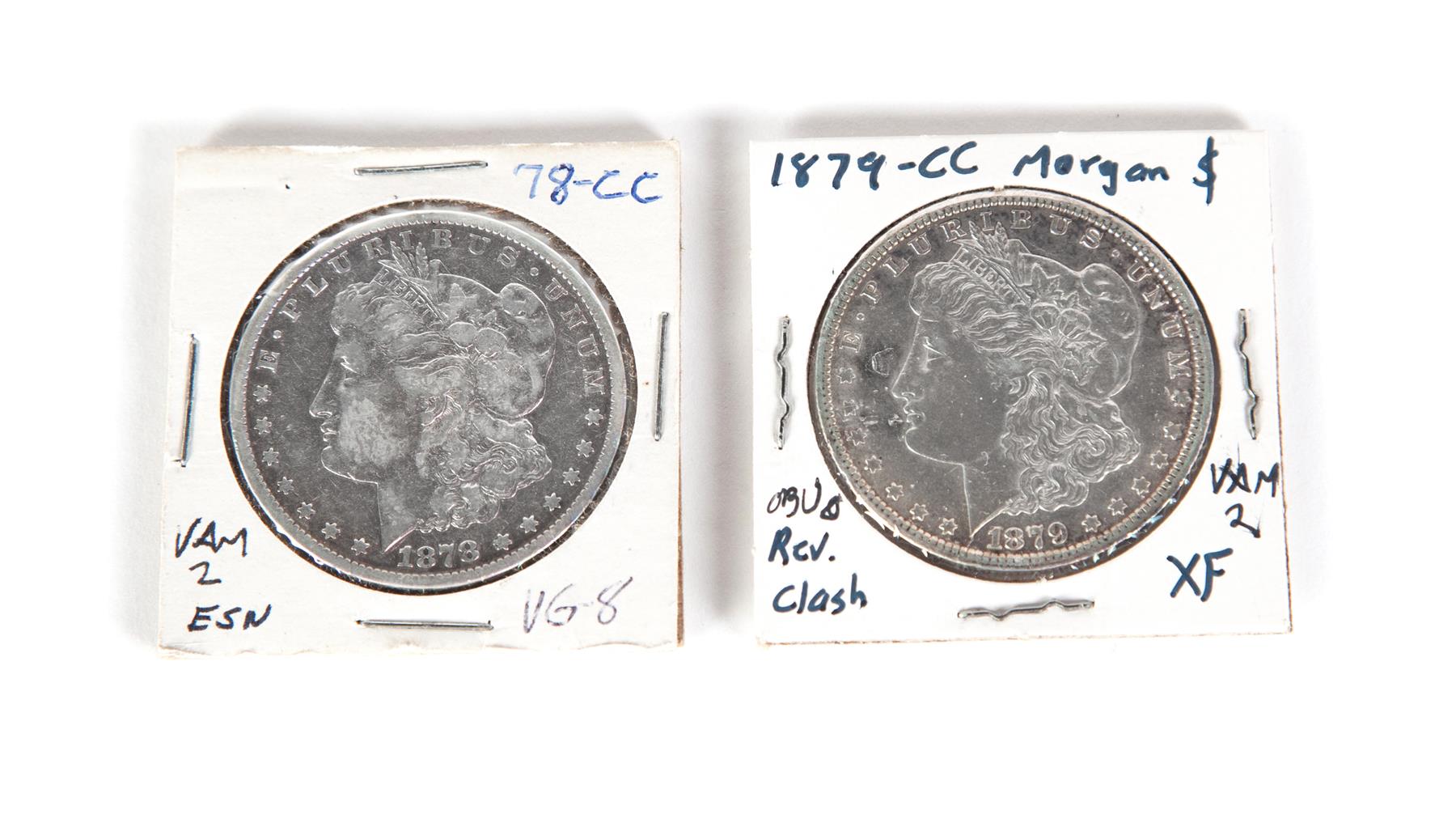 Appraisal: TWO CARSON CITY MORGAN SILVER DOLLARS VAM- possibly XF grade