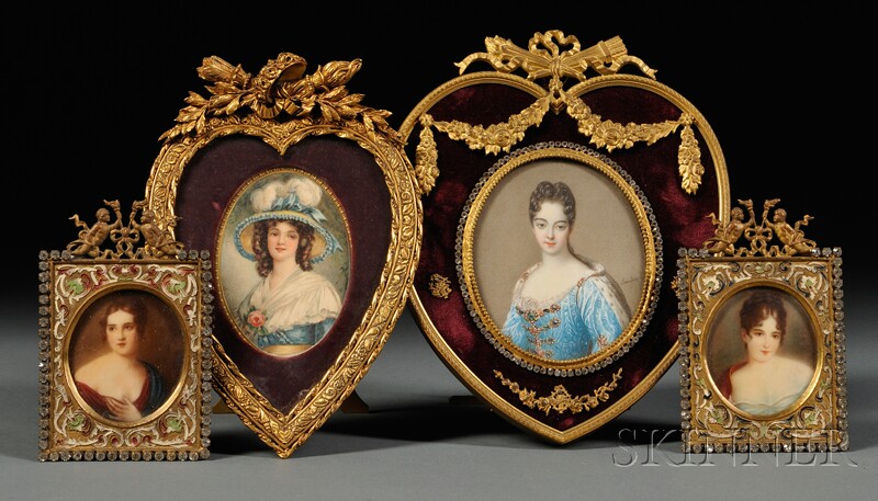 Appraisal: Four Framed Portrait Miniatures a pair of oval portraits on