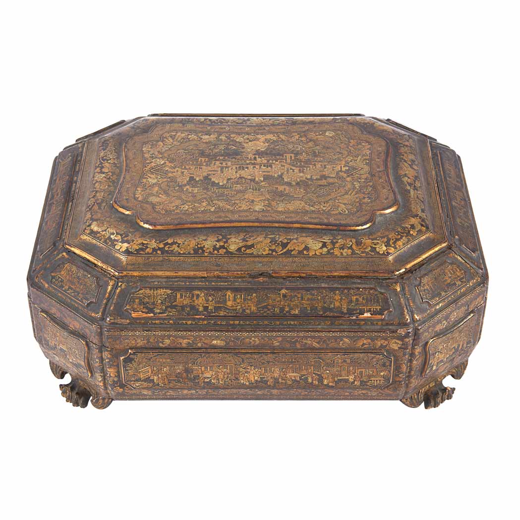 Appraisal: Chinese Export Gilt Decorated Black Lacquered Game Box The fitted