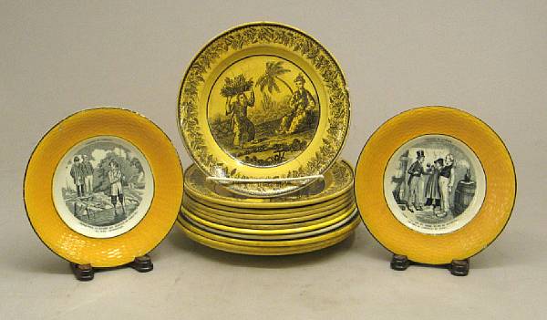 Appraisal: Thirteen French transfer printed yellow ground creamware plates th century