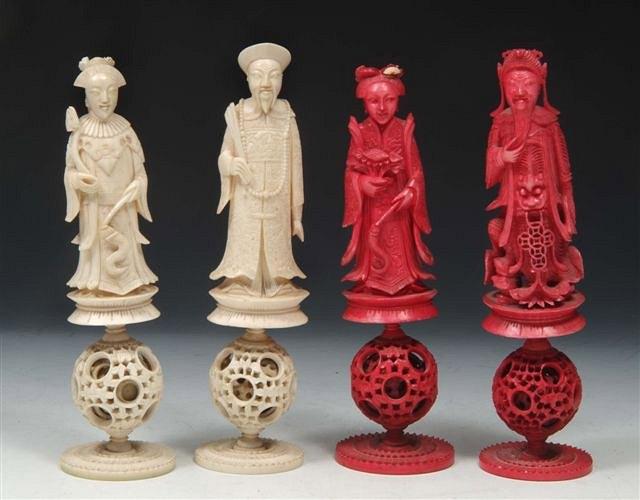 Appraisal: FOUR TH CENTURY CANTONESE CARVED IVORY MYSTERY BALL CHESS PIECES