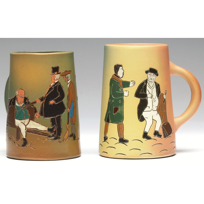 Appraisal: Weller Dickensware mug incised and painted design of four men