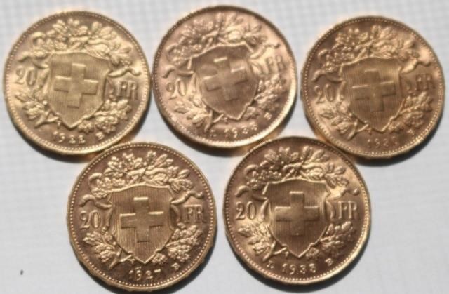 Appraisal: SWISS FRANC GOLD COINS -B -B -B -B ALL IN