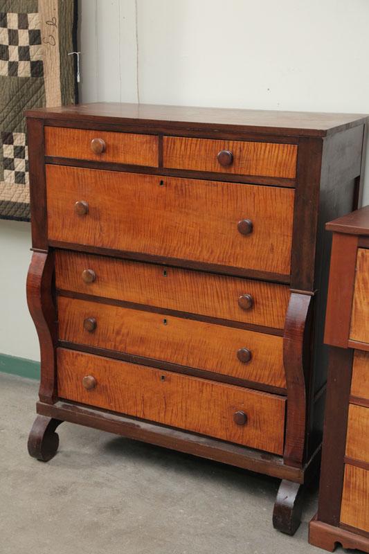 Appraisal: EMPIRE CHESTS OF DRAWERS Cherry with curly maple drawer fronts