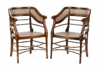 Appraisal: Pair Carved and Caned Bamboo Motif Armchairs American mid to