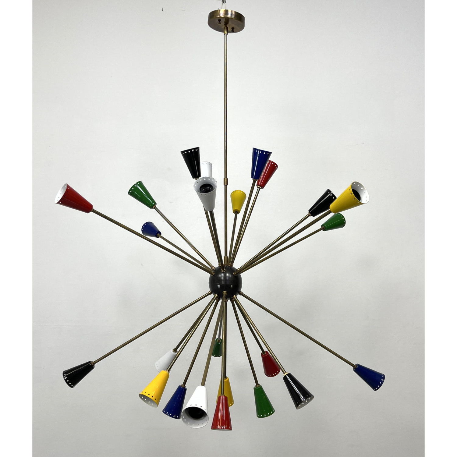 Appraisal: Stilnovo style Modernist Sputnik Chandelier Brass armature with brightly colored