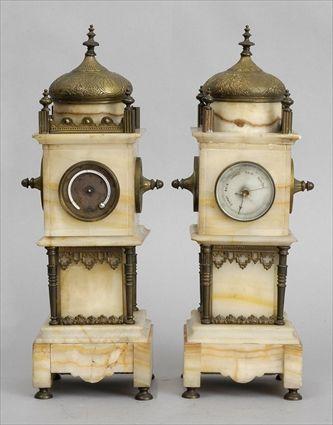 Appraisal: MORESQUE GILT-METAL MOUNTED ALABASTER THERMOMETER AND MATCHING BAROMETER Each contained