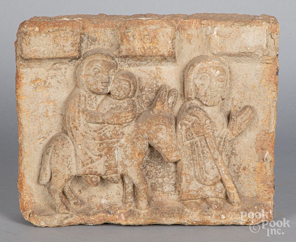 Appraisal: Carved limestone stele of the Holy Family Carved limestone stele