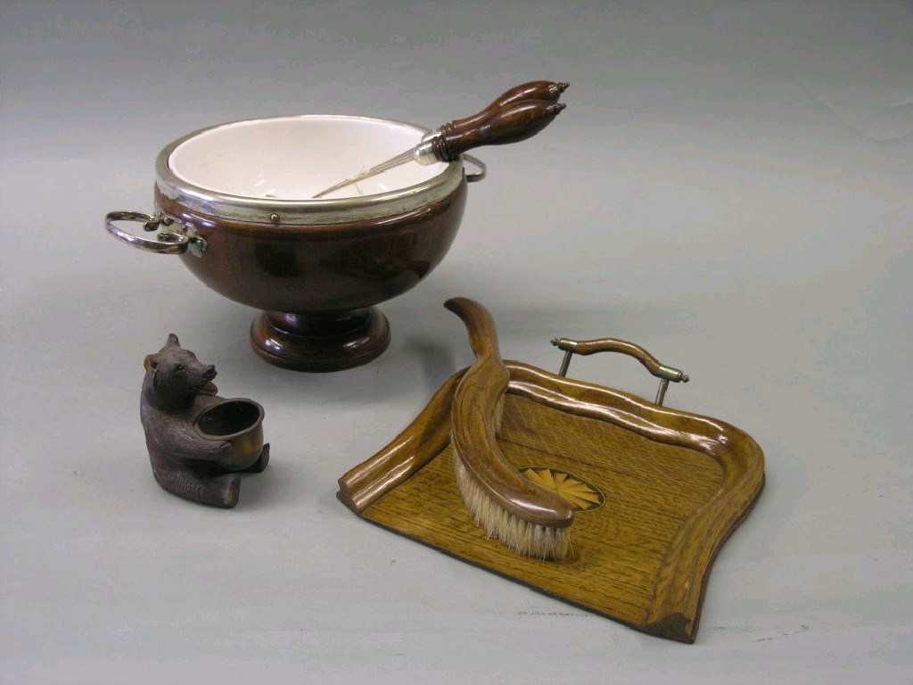 Appraisal: An oak and silver plated salad bowl complete with servers