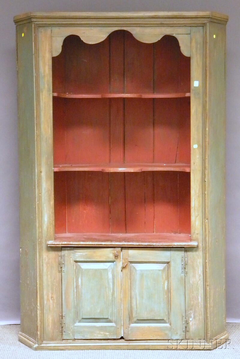 Appraisal: Country Green and Red-painted Wood Corner Cupboard ht wd dp